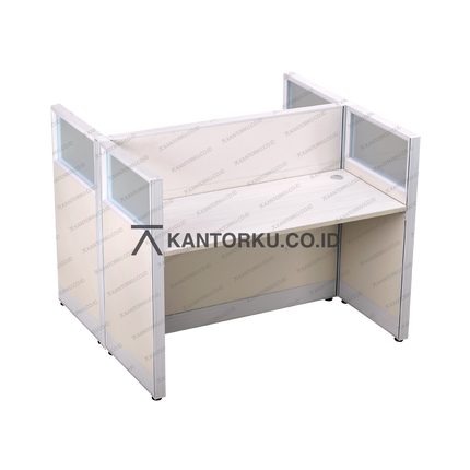 Cubical workstation dengan panel kaca dan top maple – kantorku.co.id