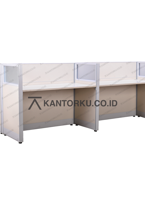 Meja partisi kantor empat arah Magnus 4-Way dengan panel kaca – Kantorku