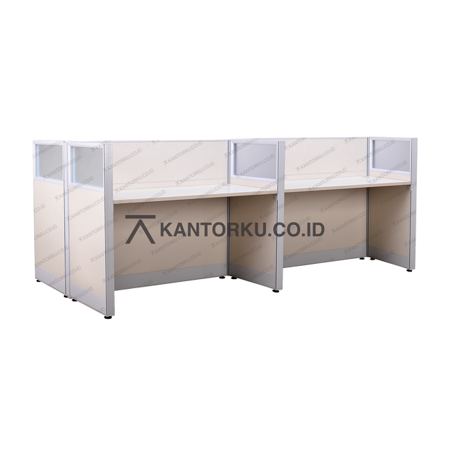 Meja partisi kantor empat arah Magnus 4-Way dengan panel kaca – Kantorku