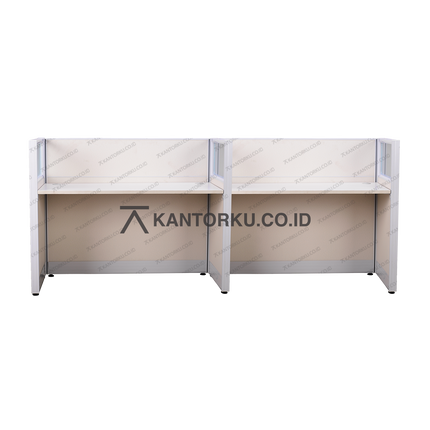 Workstation empat pengguna warna krem dan maple cerah – kantorku.co.id
