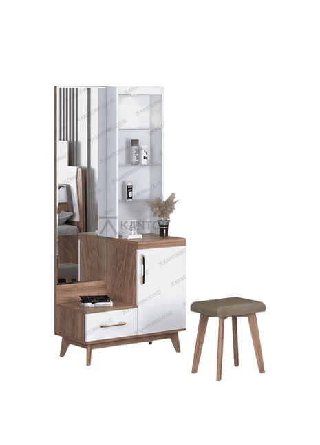 Meja rias DR CARIBIA dengan kombinasi warna kayu natural dan putih – Tersedia di Kantorku.co.id