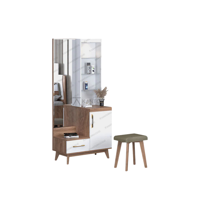 Meja rias DR CARIBIA dengan kombinasi warna kayu natural dan putih – Tersedia di Kantorku.co.id