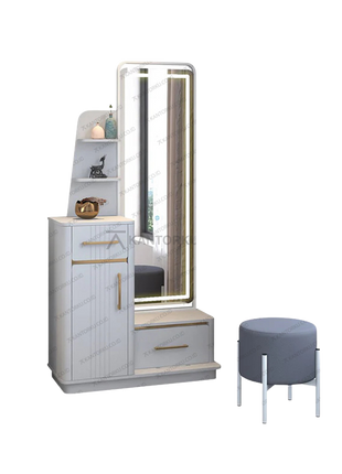 Dresser Light Grey dengan aksen kayu bertekstur lembut – Tersedia di Kantorku
