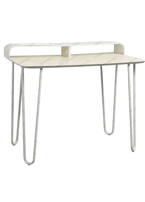 Meja kerja minimalis FIRM dengan rak penyimpanan atas elegan. Tersedia di Kantorku.