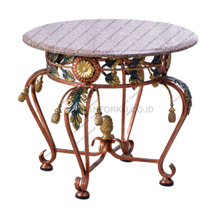 Meja sudut marmer elegan dengan kaki besi ornamen klasik warna emas – kantorku.co.id