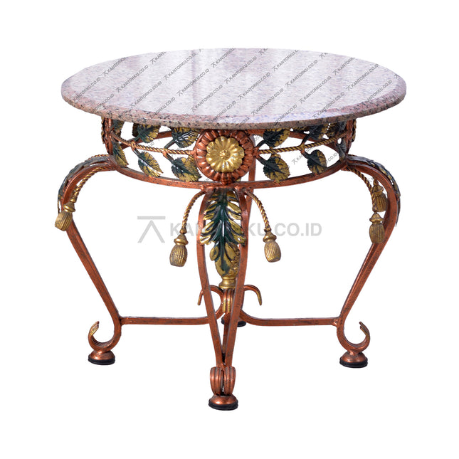 Meja sudut bulat OLC Oliv dengan permukaan granit marmer dan kaki besi ukiran daun emas hijau – kantorku