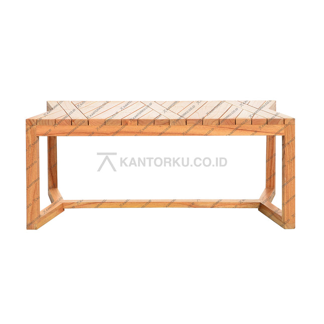 Meja Tamu Jati Hasibuan bergaya modern natural dengan pola potongan kayu geometris yang unik — kantorku.