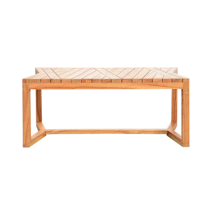 Meja Tamu Jati Hasibuan bergaya modern natural dengan pola potongan kayu geometris yang unik — kantorku.