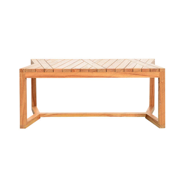 Meja Tamu Jati Hasibuan bergaya modern natural dengan pola potongan kayu geometris yang unik — kantorku.