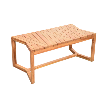 Meja kayu jati solid dengan desain minimalis dan kaki persegi terbuka untuk ruang tamu elegan — kantorku.co.id.