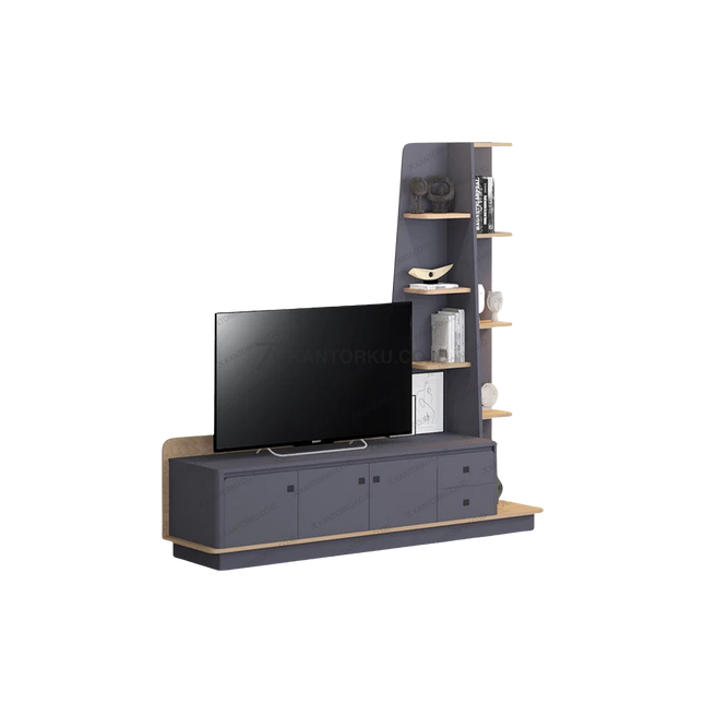 Rak TV modern CENA WU-01 dengan kombinasi warna abu dan kayu alami – Tersedia di Kantorku.co.id