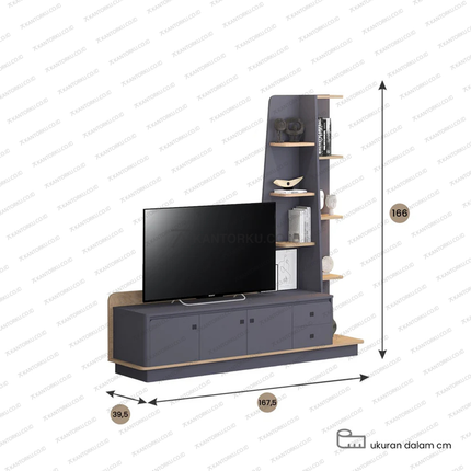 Unit TV cabinet fungsional dengan rak display vertikal elegan – Tersedia di Kantorku