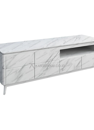 Meja TV modern TC MARBLE 160-02 dengan finishing marble putih – Tersedia di Kantorku