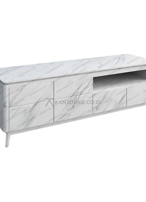 Meja TV modern TC MARBLE 160-02 dengan finishing marble putih – Tersedia di Kantorku