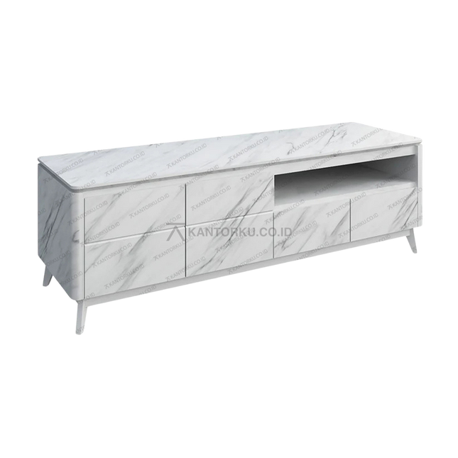 Meja TV modern TC MARBLE 160-02 dengan finishing marble putih – Tersedia di Kantorku
