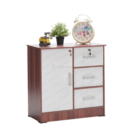 lemari MDF 3 laci dan 1 pintu dengan kunci