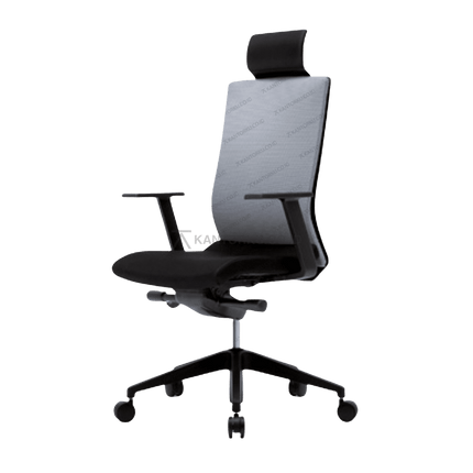 Kursi kerja FIRM modern dilengkapi headrest adjustable dan armrest 3D. Tersedia di Kantorku.co.id.