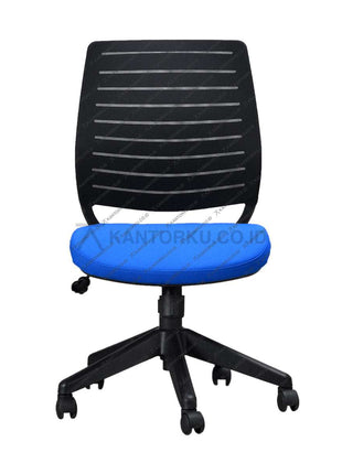 Blue office chair with black mesh backrest on a white background - Kursi Kantor Ergonomis - Kursi Kerja desain Minimalis - Kursi Staff - Kursi Karyawan - kursi dengan roda , tanpa sandaran lengan, dan hidrolik  - kursi desain Minimalis murah - Savello - KANTORKU