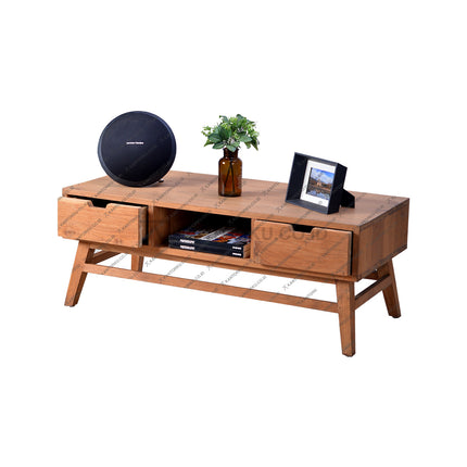 Meja ruang tamu kayu natural bergaya klasik dengan laci kanan kiri elegan — kantorku.co.id.