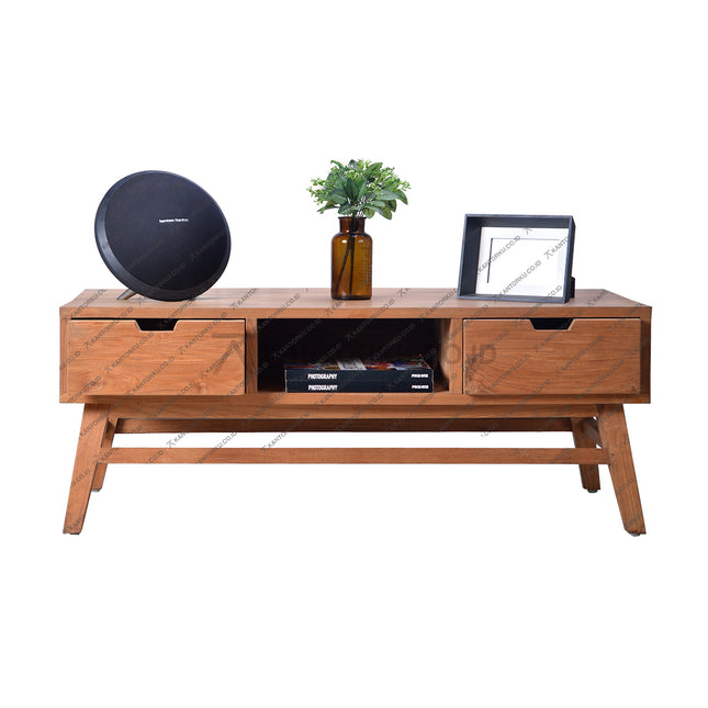 Meja tamu klasik kayu dengan finishing natural wax dan dua laci penyimpanan — kantorku