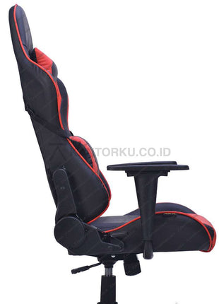 Black and red gaming chair with armrests on a white background Kursi Kantor Ergonomis - Kursi Kerja desain Minimalis - Kursi Staff - Kursi Karyawan - kursi dengan roda , dengan sandaran lengan, dan hidrolik  - Kursi Gaming - kursi desain Minimalis harga ramah di kantong - Savello - KANTORKU