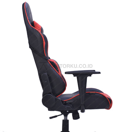 Black and red gaming chair with armrests on a white background Kursi Kantor Ergonomis - Kursi Kerja desain Minimalis - Kursi Staff - Kursi Karyawan - kursi dengan roda , dengan sandaran lengan, dan hidrolik  - Kursi Gaming - kursi desain Minimalis harga ramah di kantong - Savello - KANTORKU