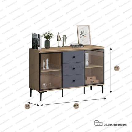 Kabinet kaca elegan kombinasi warna Light Wood Grain dan Slate Grey – Tersedia di Kantorku