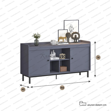 Kabinet minimalis dengan dua pintu sliding dan rak terbuka – Tersedia di Kantorku