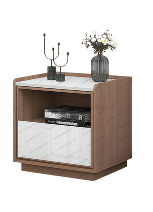 Nakas modern NK DANTE dengan warna Romanian Walnut dan aksen Silver Line – Tersedia di Kantorku