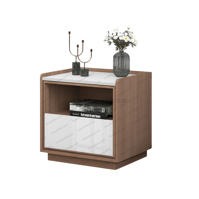 Nakas modern NK DANTE dengan warna Romanian Walnut dan aksen Silver Line – Tersedia di Kantorku