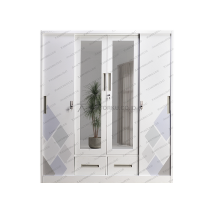 Lemari besi modern minimalis empat pintu geser dengan kaca tengah dari Kantorku