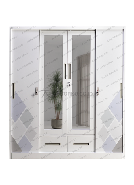 Lemari besi modern minimalis empat pintu geser dengan kaca tengah dari Kantorku