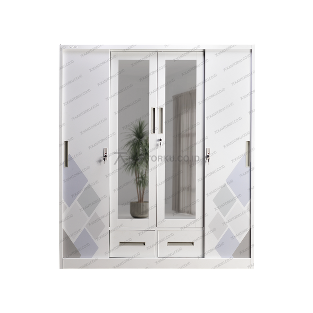 Lemari besi modern minimalis empat pintu geser dengan kaca tengah dari Kantorku