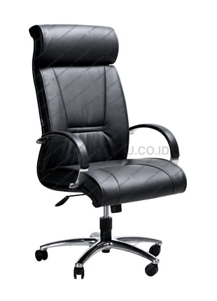Kursi kantor Savello Onyx elegan dengan struktur kaki chrome dan sandaran ergonomis, menciptakan kesan mewah dan stabil di kantorku.co.id.