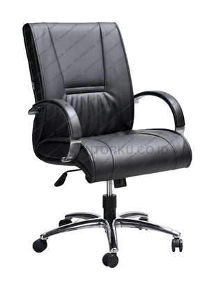 Kursi kantor Savello Onyx LA bergaya elegan dengan armrest chrome dan bahan Polyurethane lembut untuk ruang rapat profesional di kantorku.co.id.
