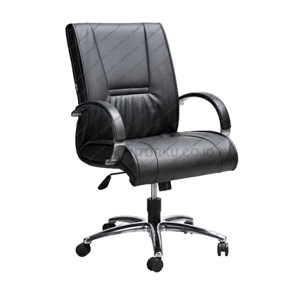 Kursi kantor Savello Onyx LA bergaya elegan dengan armrest chrome dan bahan Polyurethane lembut untuk ruang rapat profesional di kantorku.co.id.