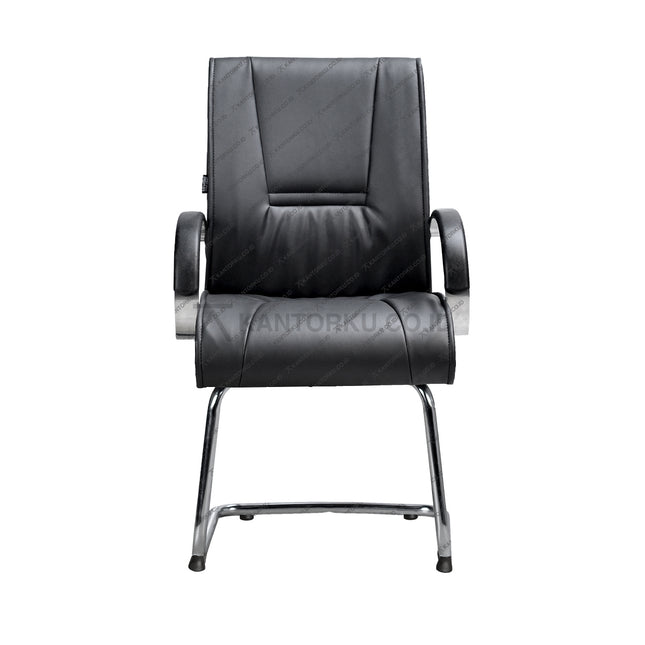 Kursi Hadap Savello dengan kaki cantilever chrome elegan dan sandaran lengan ergonomis, ideal untuk ruang rapat modern di Kantorku.