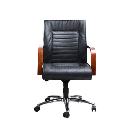 Kursi Direktur Savello Platinum LKCA dengan kaki aluminium elegan dan sandaran kayu mahoni untuk ruang kerja eksekutif di Kantorku.