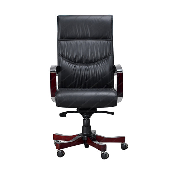 Black office chair with wooden accents on a white background