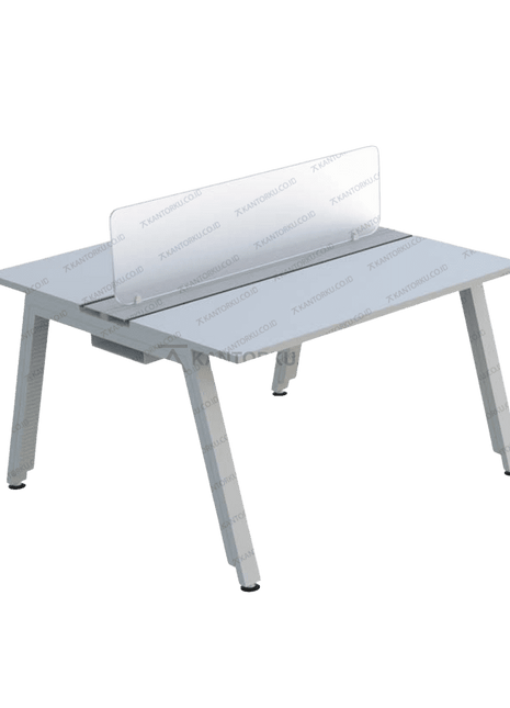 Workstation Desk FIRM dengan partisi acrylic sandblasted untuk ruang kerja modern. Tersedia di Kantorku.