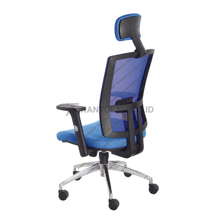 Blue office chair with black mesh backrest on a white background