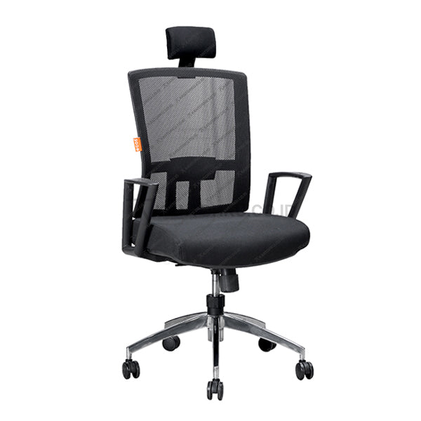 Black office chair with mesh back on a white background