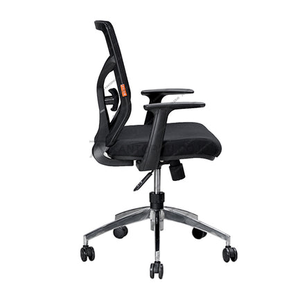 Black office chair with adjustable armrests on a white background