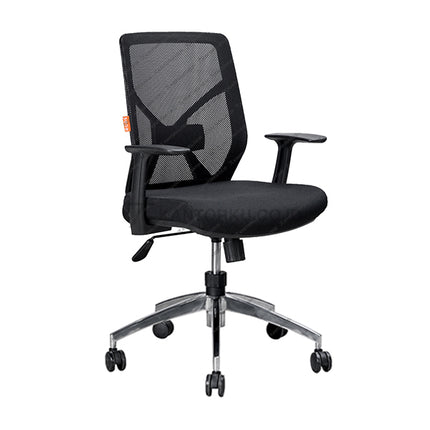 Black office chair with mesh backrest on a white background