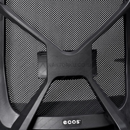 Close-up of a black office chair with mesh backrest and 'ecos' branding.