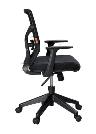 Black office chair with wheels on a white background