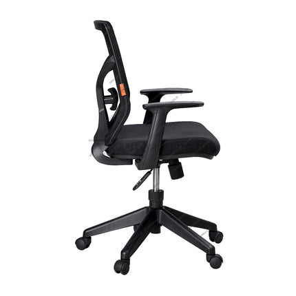 Black office chair with wheels on a white background