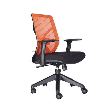 Black office chair with orange backrest on a white background