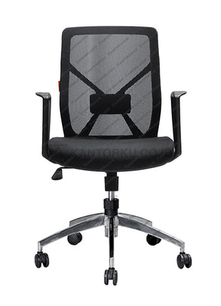 Black office chair with mesh backrest on a white background