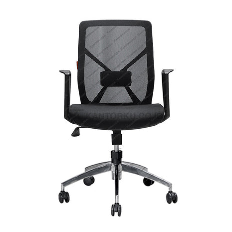 Black office chair with mesh backrest on a white background